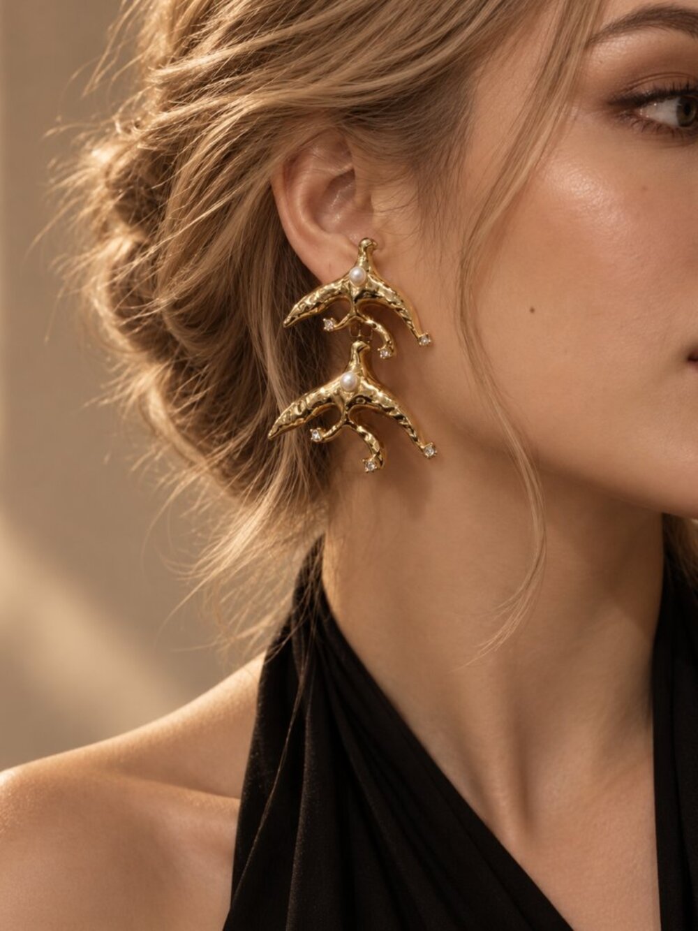 Gold Swallow Bird Drop Earrings Pearl Crystal Statement Jewelry